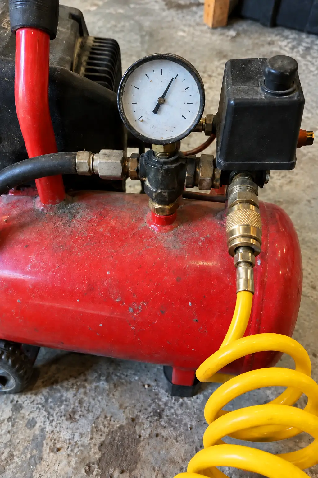Manômetro de compressor de ar pequeno com mangueira de engate rápido, usado com grampeador pneumático